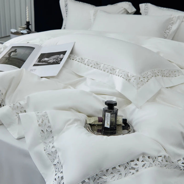 Exquisite 1200TC Egyptian Cotton Luxury Bedding Collection with Elegant Hollow Lace Trim, Duvet Cover, Flat & Fitted Sheets, and Pillowcases