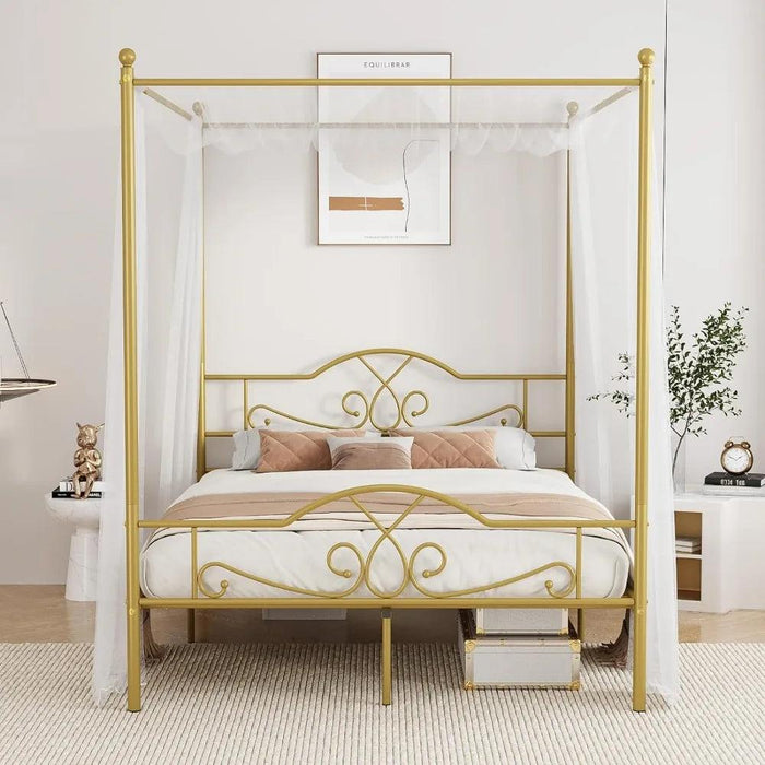 Chic Metal Canopy Bed Frame with Four Posters and Under-Bed Storage Solutions