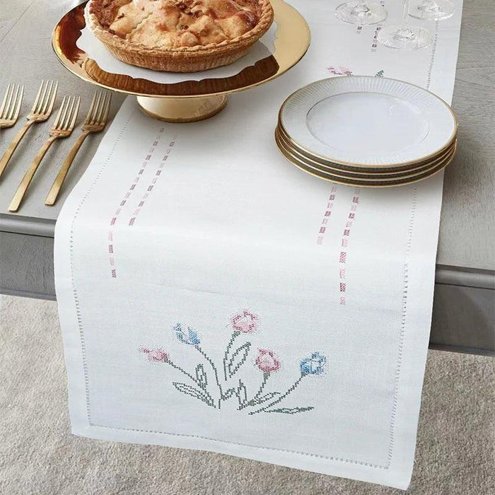 Tulip Elegance Cross-Stitch Table Runner - Exquisite Floral Embroidery - Natural Rustic Appeal - 72" - Perfect for Home, Airbnb, Hotel