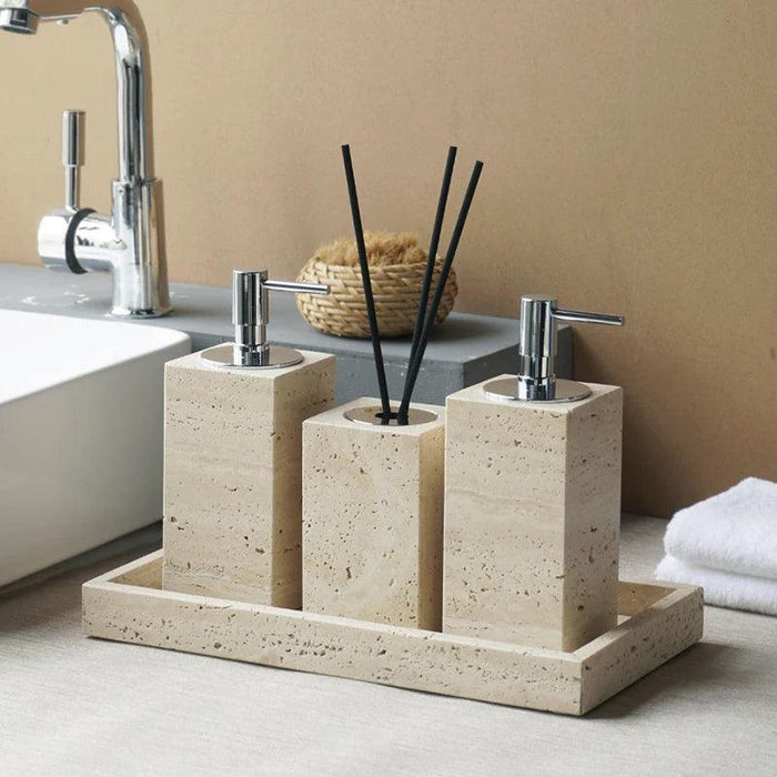 Natural Beige Travertine Luxury Bathroom Accessory Collection - Soap Dispenser, Dish, Reed Diffuser & Vanity Tray Set