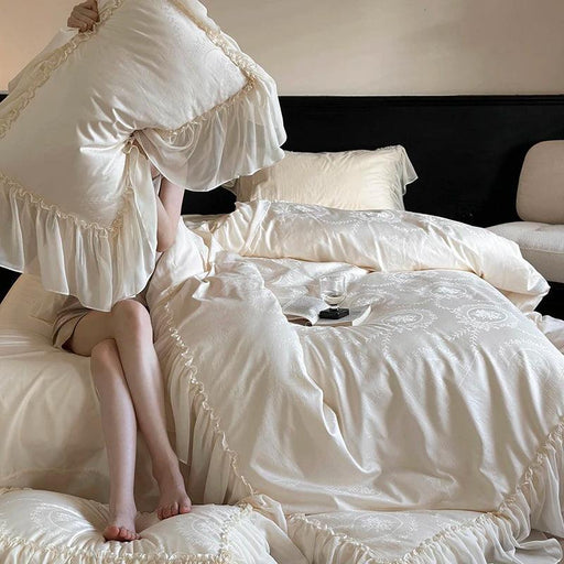 Luxurious Jacquard Lace and Chiffon Bedding Ensemble with Premium Egyptian Cotton - Beige Ruffled Duvet, Sheets, and Pillowcases