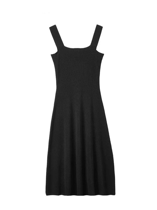 Chic Black Knitted Midi Dress with Square Neck and Spaghetti Straps