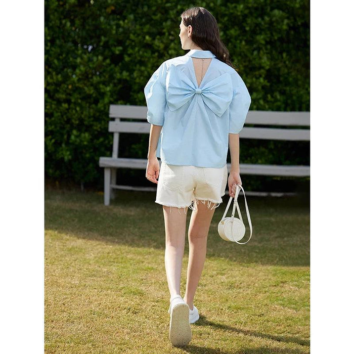 Chic Cotton Puff Sleeve Blouse for Women with Bow Accent - Summer Minimalism Collection