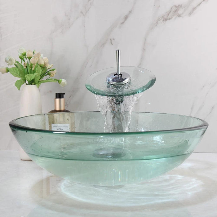 Elegant Blue Glass Vessel Sink Ensemble with Waterfall Faucet