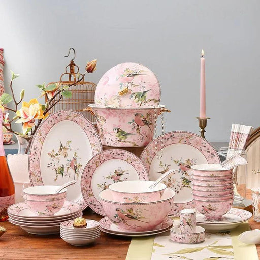 Charming Pink Bone Porcelain Dining Set: 30-Piece Complete Tableware Collection with Bowls, Plates, and Chopsticks