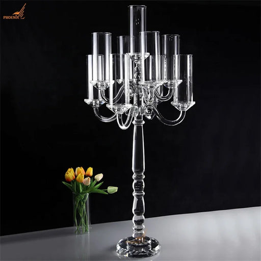Votive Tealight Candelabra for Wedding Table Decor, 9 Arms Heads Candle Holders, Clear Glass Tubes, Crystal Votive, Home Decor