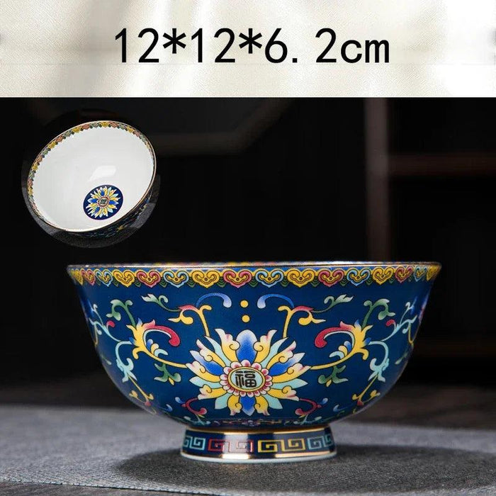 Ornate Chinese Ceramic Salad Bowl Set with Gold Trim - Elegant Enamel Tableware for Stylish Dining