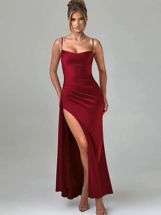 Satin Backless Maxi Gown with Spaghetti Straps for Women