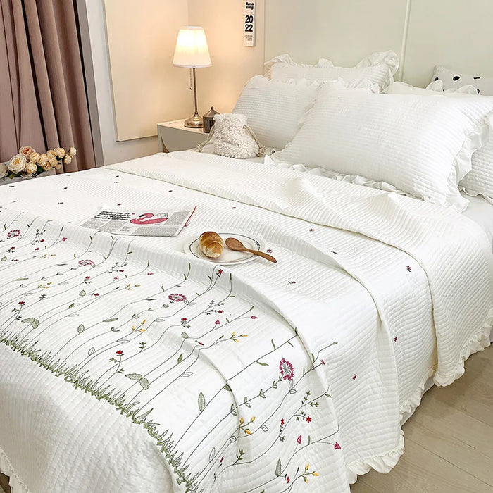 Embroidered Ruffle Flower Summer Quilt Set