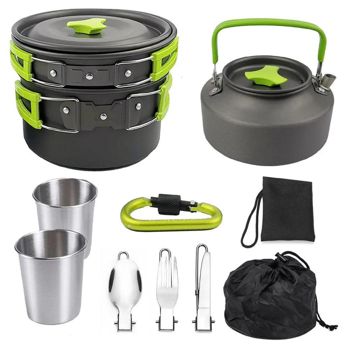 All-in-One Portable Camping Cookware Set with Non-Stick Cookware, Kettle, and Collapsible Utensils for Outdoor Adventures