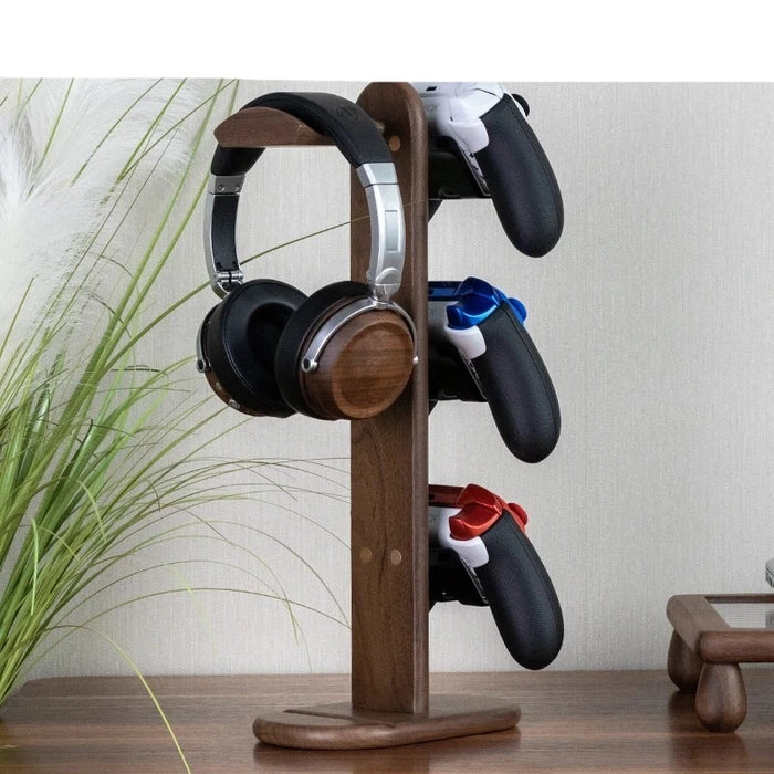 Walnut Wood Gaming Controller Dock with Headset Holder