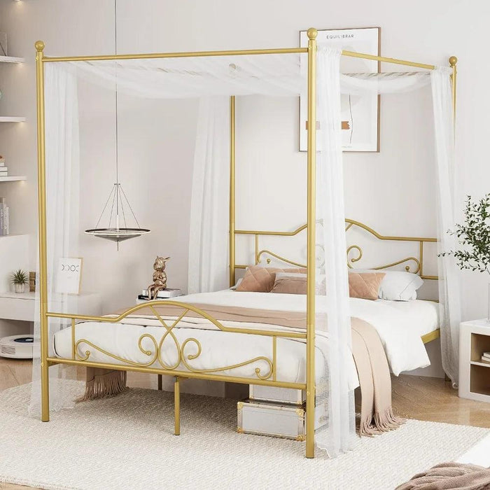 Chic Metal Canopy Bed Frame with Four Posters and Under-Bed Storage Solutions