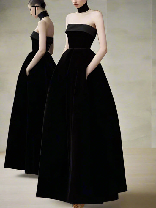 Strapless High Waist Velvet Pleated Evening Gown for Women