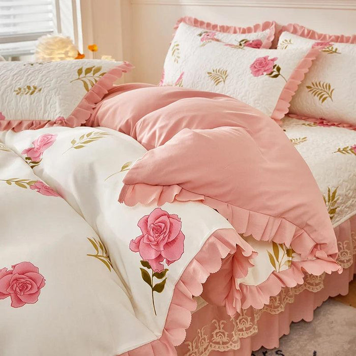 Chic Floral Ruffle Queen Bedding Set