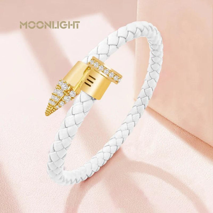 Chic Customizable Leather Nail Bracelet with Dazzling Zirconia - Stylish Women's Accessory