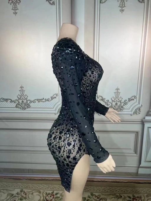 Shining Black Rhinestone Embellished Sheer Long Sleeve Bodycon Mini Dress