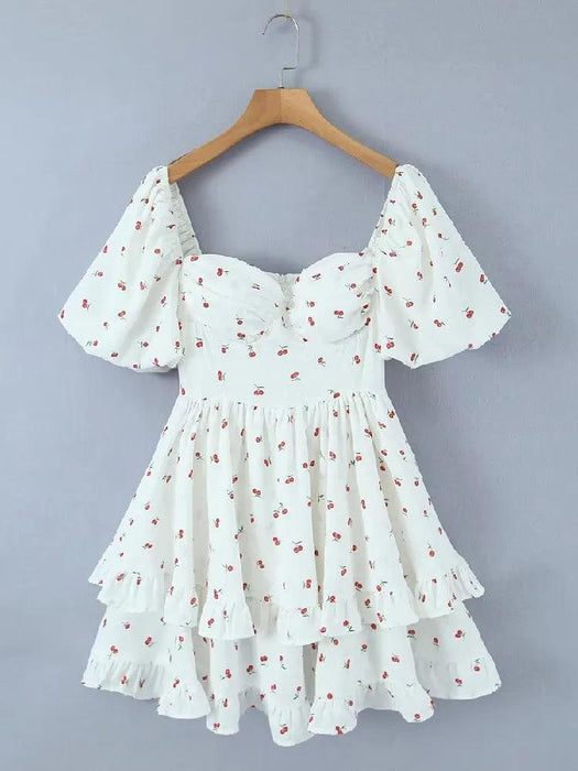 Vintage White Corset Dress with Cherry Blossom Print – Ruffled Hem & Lantern Sleeves