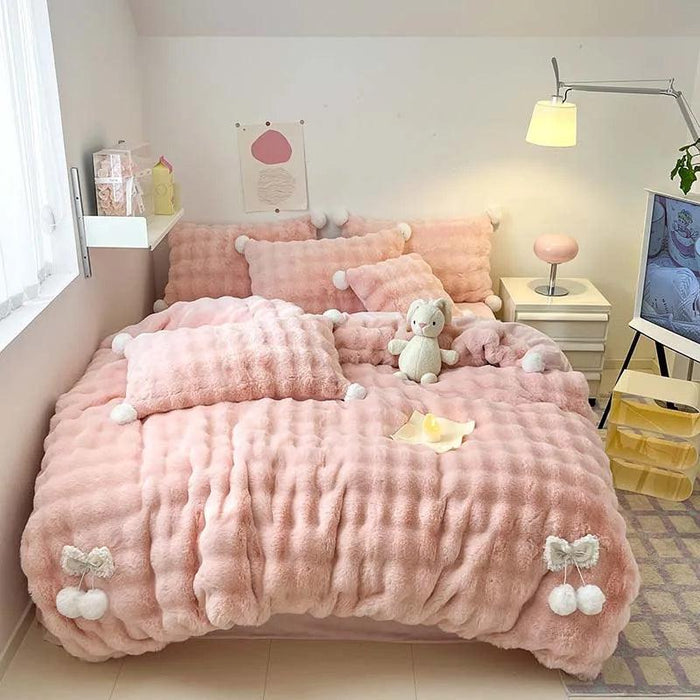 Plush Faux Rabbit Fur Bedding Ensemble with Charming Ball Accents - Duvet Cover, Sheets, and Pillowcases
