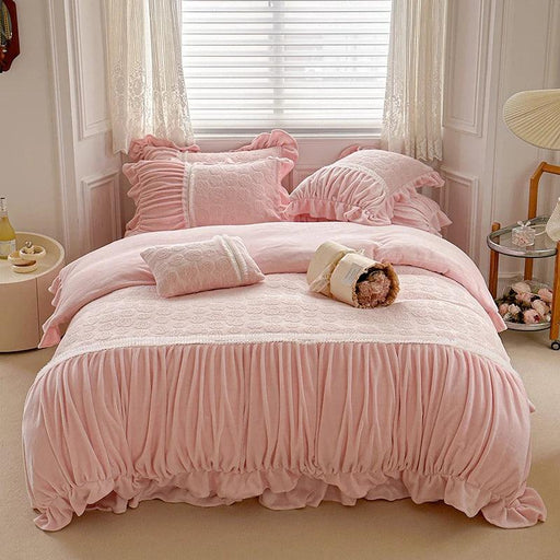 Pink Coral Velvet Bedding Set with Ruffled Duvet Cover and Pillowcases, Queen & King Sizes