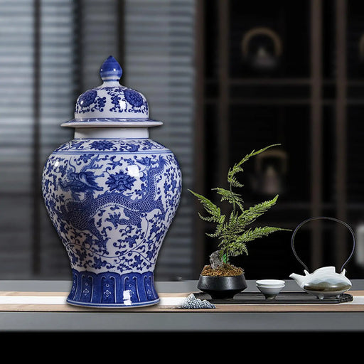 Blue and White Ceramic Floral Storage Vase with Traditional Design