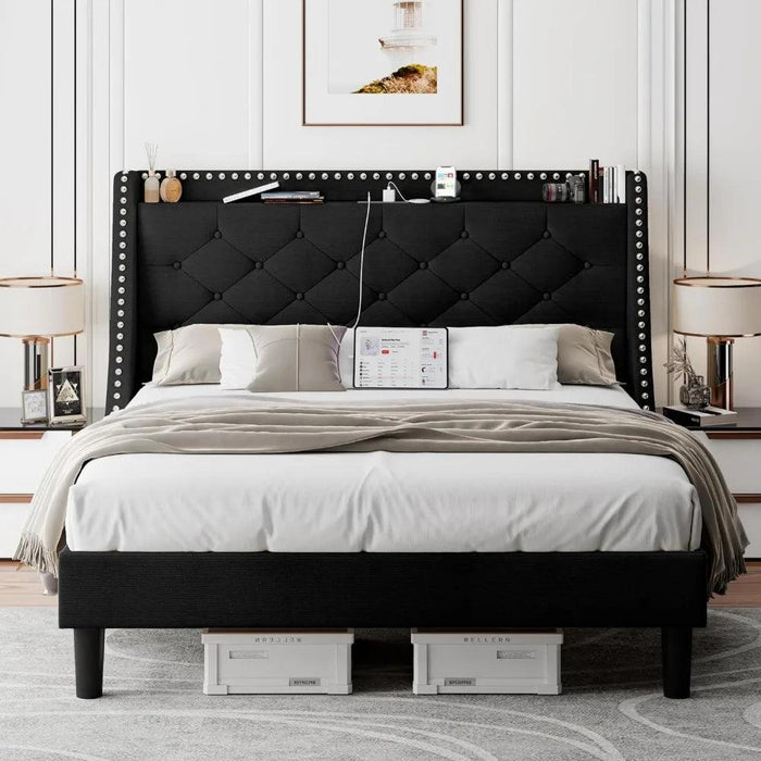 Luxurious Black Wingback Bed Frame with Smart Storage Headboard and Charging Ports