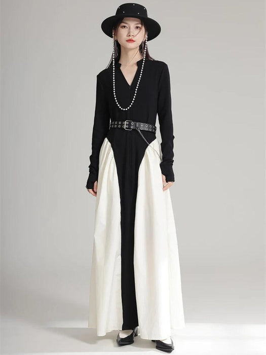 Chic Black Color-block Floor-Length Dress with V-Neck and Long Sleeves