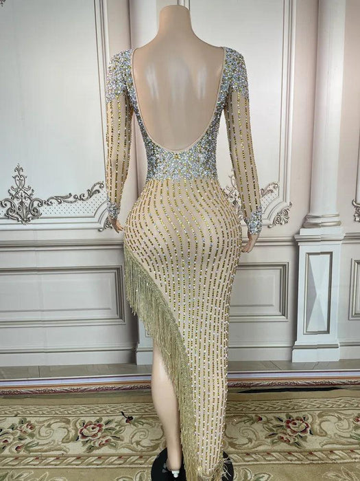 Glamorous Golden Diamond Tassel Evening Gown for Unforgettable Nights in Dubai and Saudi Arabia