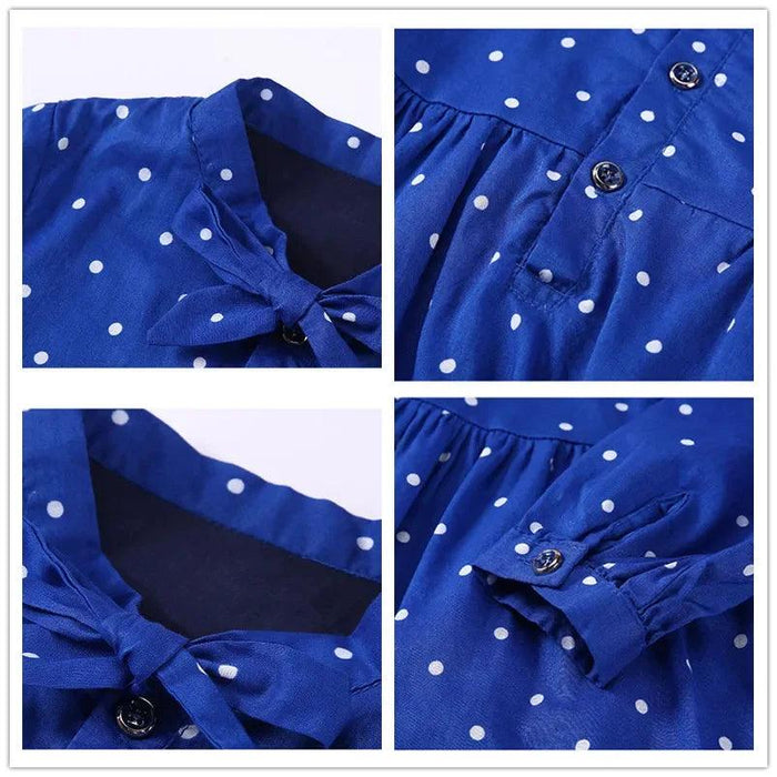 Girls' Long Sleeve Polka Dot Cotton Flare Dress - Stylish Blue Casual & Formal Wear for Kids