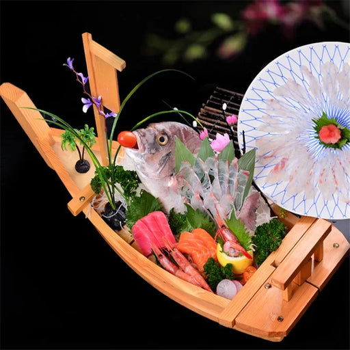 Japanese Sushi Boat Serving Set - Handmade Wooden Tray for Elegant Seafood Display