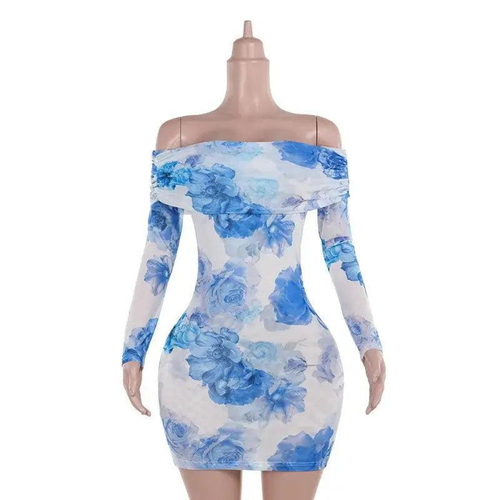 Chic Blue Floral Off-Shoulder Mini Dress for Women - Elegant Backless Long Sleeve High Waist Party Wear for Autumn