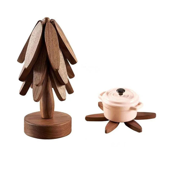 Set of 4 - Walnut Wood Tree-Shaped Heat-Resistant Trivet Set