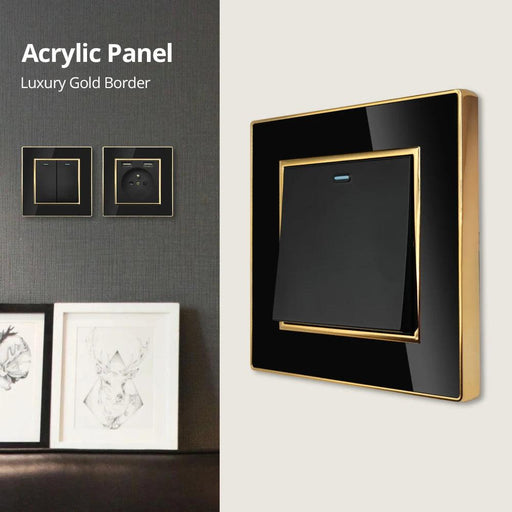 Luxurious Black Acrylic Switch Panel with Gold Accents & Universal Sockets - 220V, Multi-Gang, Modern Design - Illuminated Control Panel with USB Charging Feature