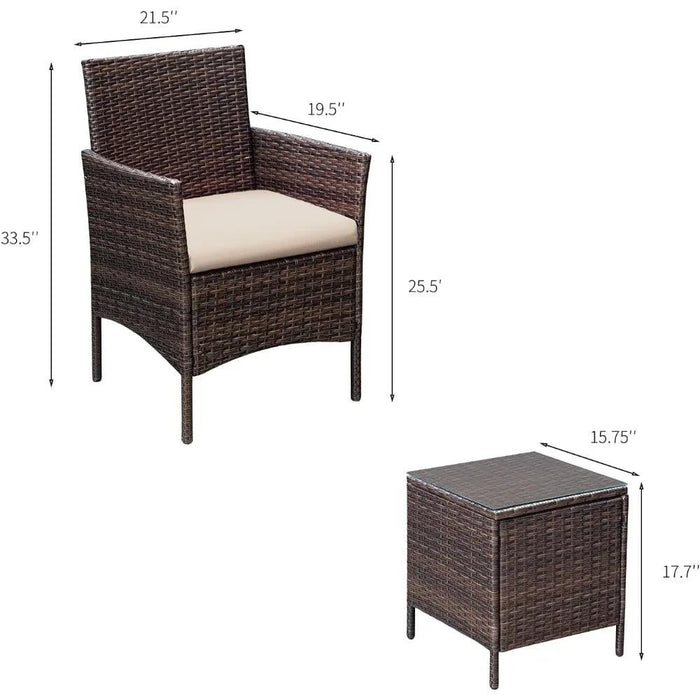 Brown and Beige Lightweight 3-Piece Rattan Outdoor Seating Set with Cushions