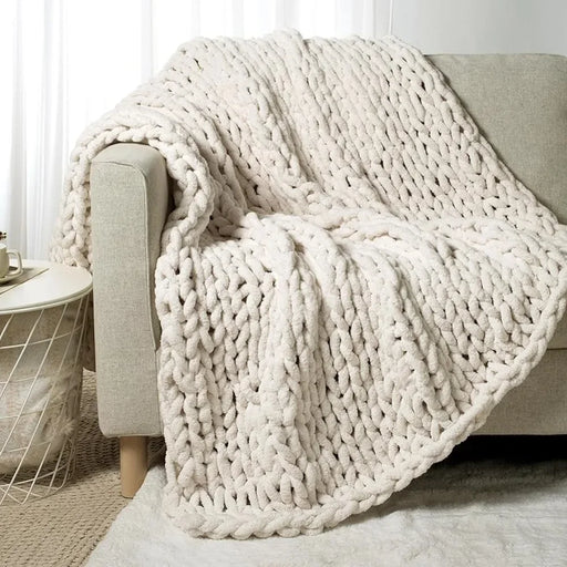 Cozy Handcrafted Chunky Knit Fall Throw Blanket - Cream White Plaid Chunky Knit Blanket