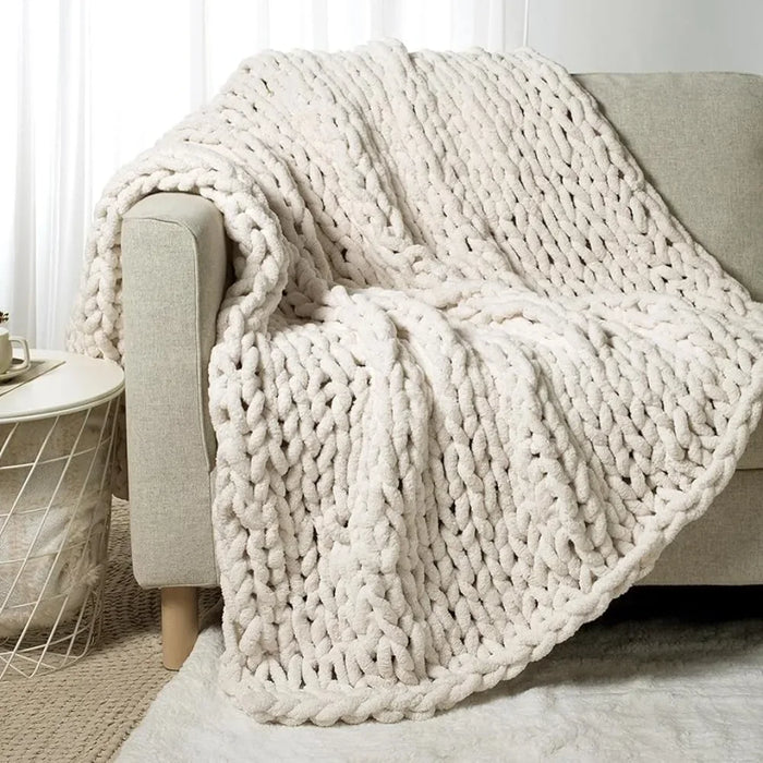 Handcrafted Cream White Plaid Chunky Knit Throw Blanket - Cozy Fall Luxury