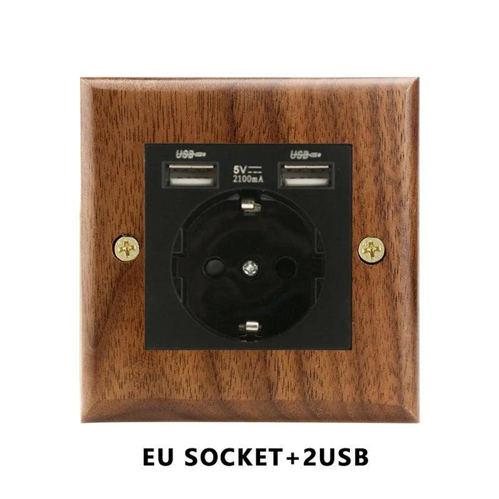 Sleek Black Walnut Electrical Panel with USB Ports, Adjustable LED Ambiance, and Contemporary Toggle Features