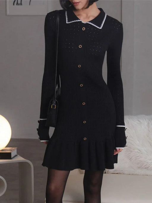 Autumn Elegance: Women's Long Sleeve Knit Dress with Lapel and Ruffled Hem by Mozision