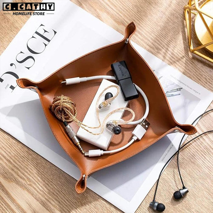 Chic Faux Leather Folding Valet Tray - Elegant Organizer for Home and Office