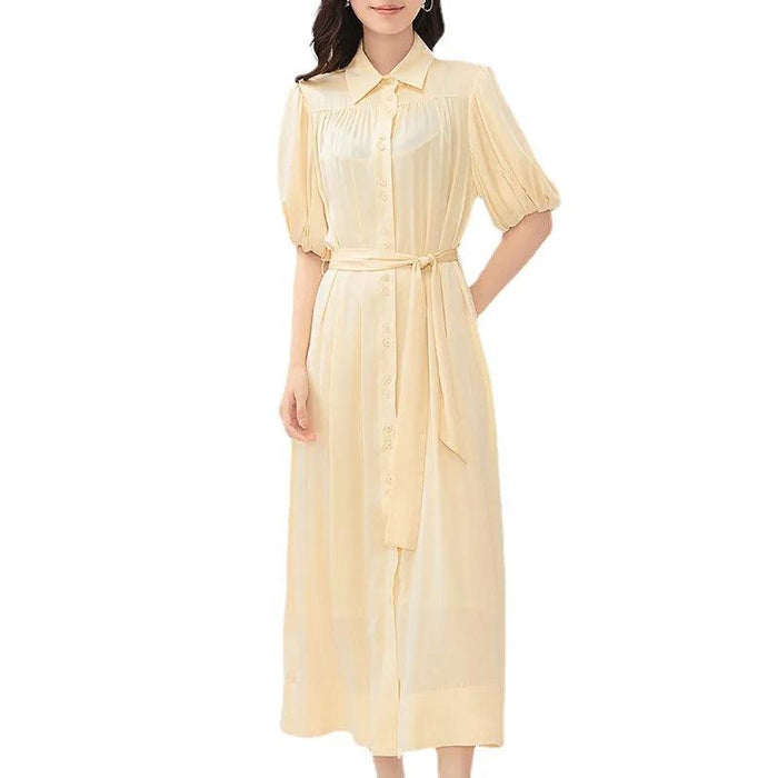 Silk Serenity Lace-Up Waist Dress - Women's Chic Solid Ensemble Exuding Feminine Charm