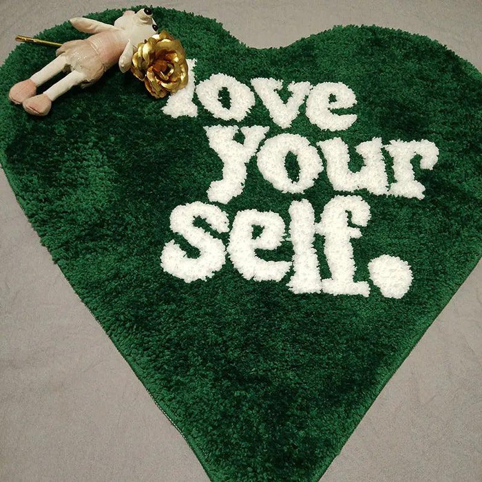 Luxurious Green Heart Shag Area Rug - Soft, Non-Slip Flocking Doormat