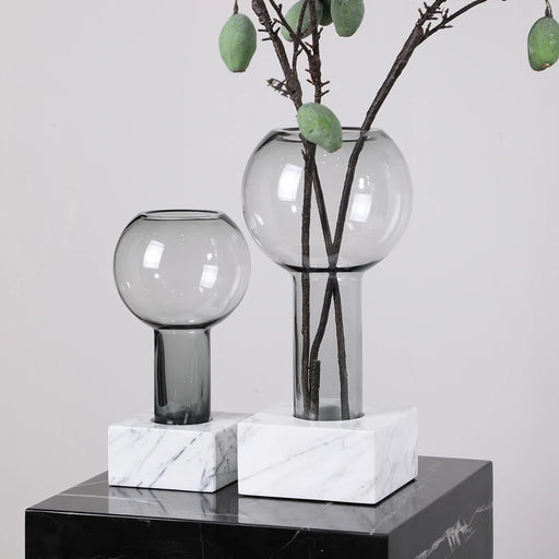 Geometric Glass Vase with Marble Base for Home Decor and Hydroponic Plants