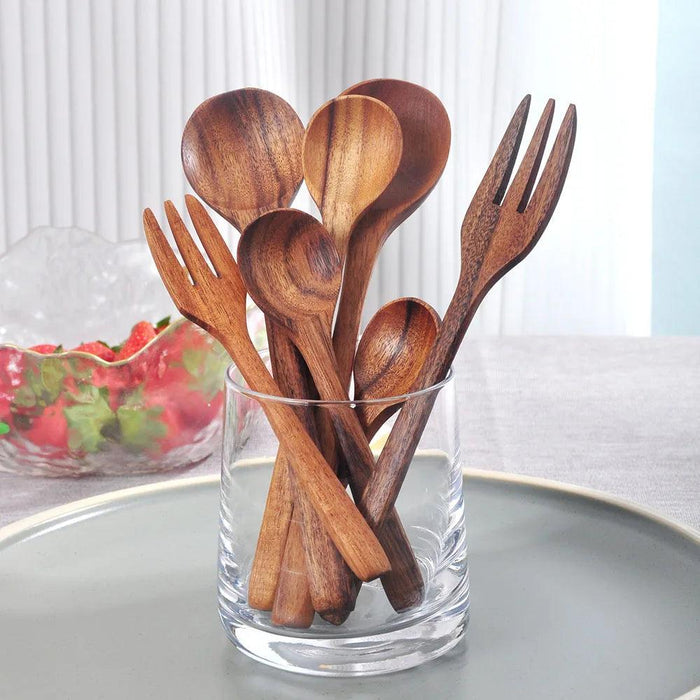 7-Piece Sustainable Acacia Wood Utensil Set for Soup, Ramen, Salad, and Desserts