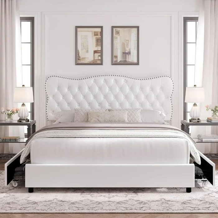 Beige Linen Storage Bed Frame with Padded Headboard & Wooden Slats