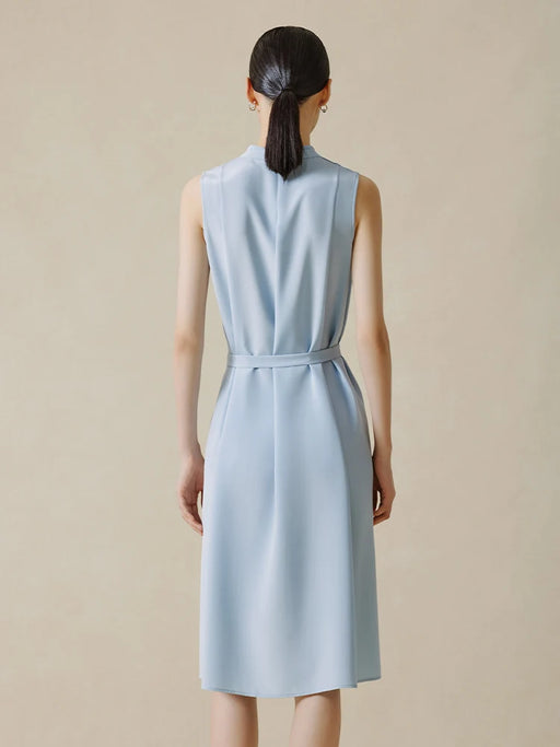 Elegant Silk V-Neck Dress with Waistband Pleats