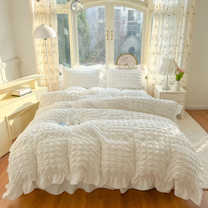 Luxe Korean Princess Lace Ruffle Bedding Ensemble with Duvet Cover, Bed Sheet, Skirt, and Pillowcases