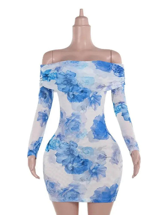 Chic Blue Floral Off-Shoulder Mini Dress for Women - Elegant Backless Long Sleeve High Waist Party Wear for Autumn