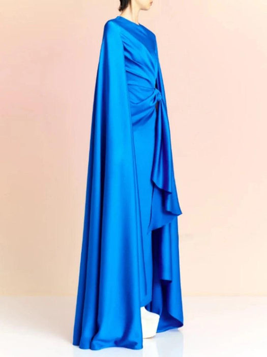 Chic Pleated Evening Dress with Bow Waist and Elegant Cape Sleeves - Summer Collection 35Z774