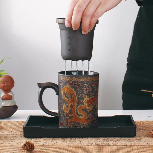 Handcrafted Purple Clay Dragon Teacup with Strainer & Lid - Unique Yixing Zisha Mug