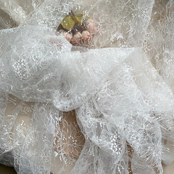 Ivory Sequined Chantilly Lace - 130cm Wide, Available by the Yard