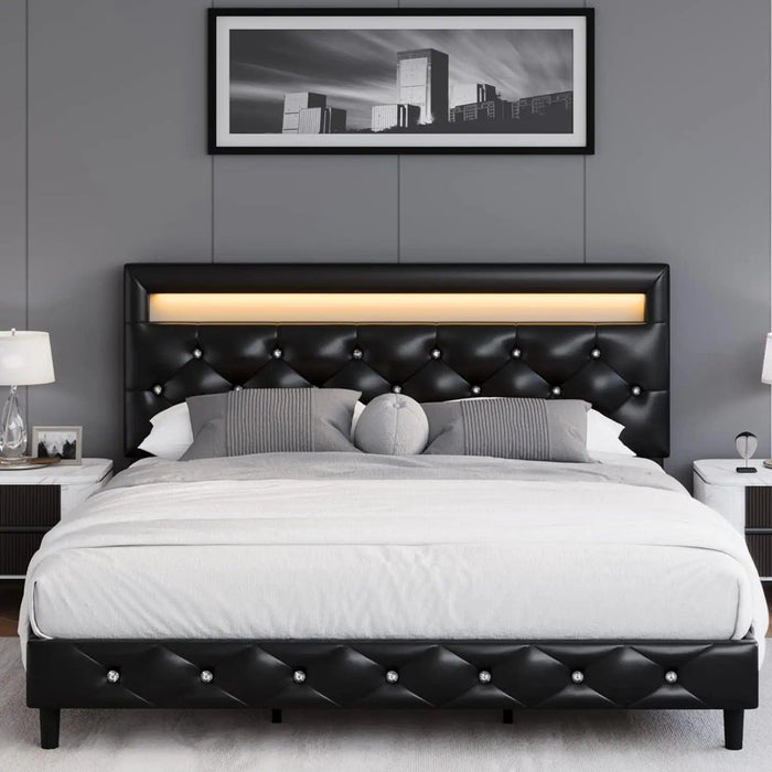 LED-Enhanced White Smart Bed Frame with Adjustable Crystal Tufted Headboard